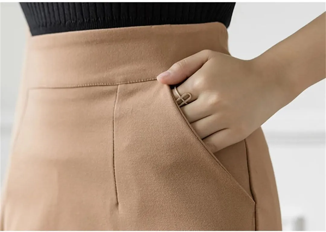 Women Korean High Wiast Office Skirt Long Skirts Elegant Sexy Pockets Midi Pencil Skirt