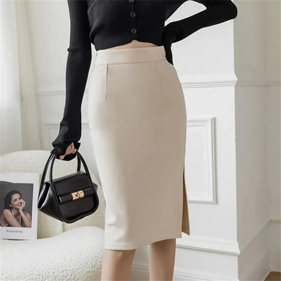 Women Korean High Wiast Office Skirt Long Skirts Elegant Sexy Pockets Midi Pencil Skirt