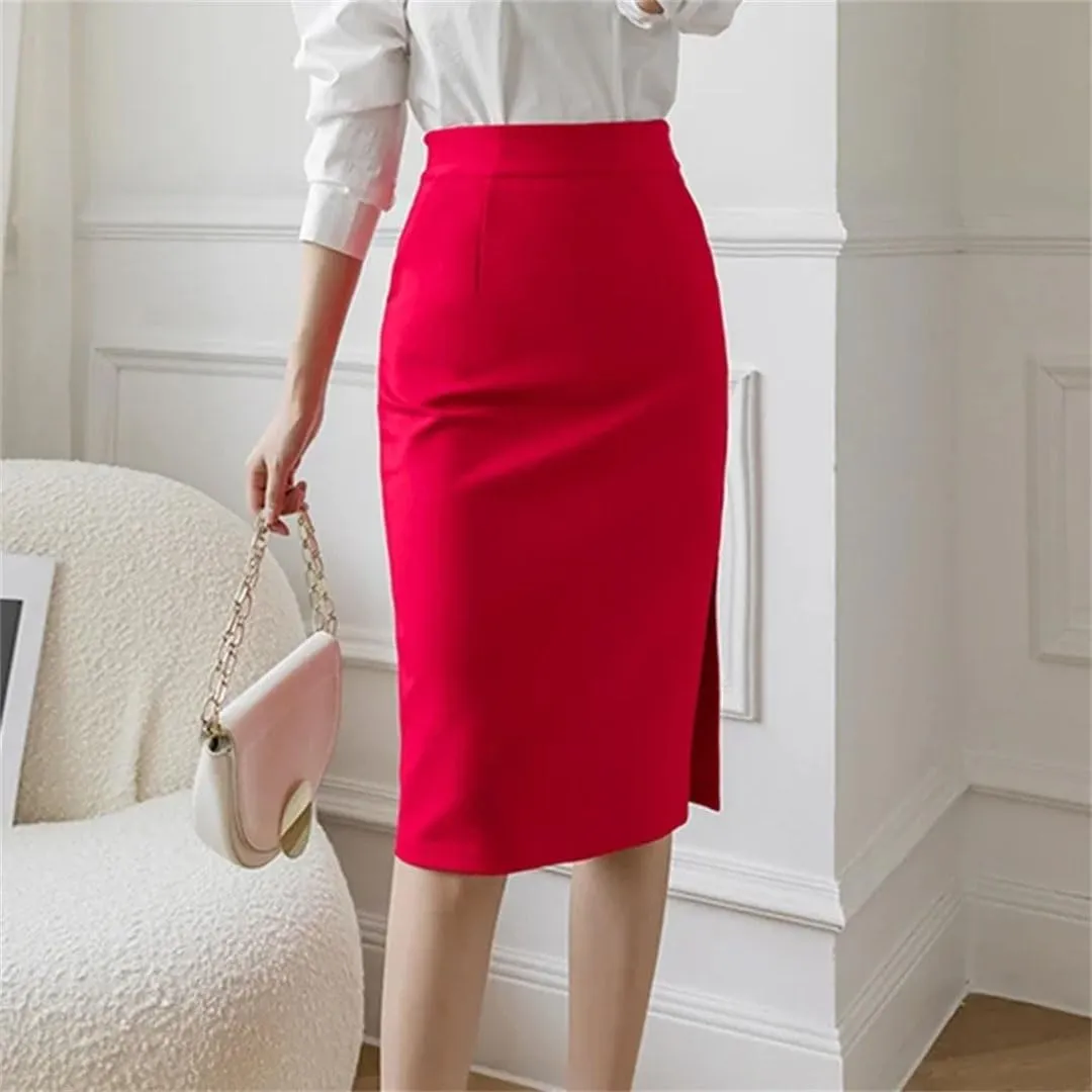 Women Korean High Wiast Office Skirt Long Skirts Elegant Sexy Pockets Midi Pencil Skirt