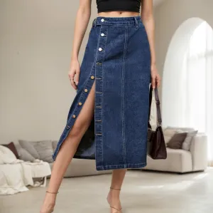 Women Long Jean Skirts Elastic High Waisted Button Down Slit Denim Skirts Casual Flowy Jean Maxi Skirts