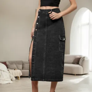 Women Long Jean Skirts Elastic High Waisted Button Down Slit Denim Skirts Casual Flowy Jean Maxi Skirts