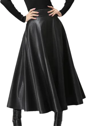 Women Long Skirts Autumn Leather PU Skirt Solid Office Lady Midi Skirts Elegant High-Waisted Party Skirt Bottoms Black