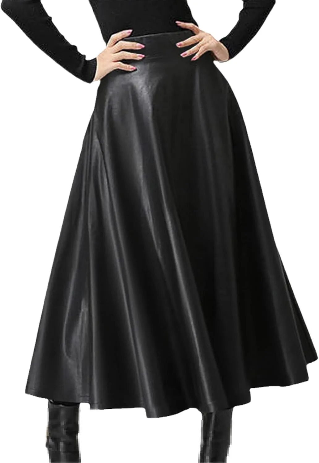 Women Long Skirts Autumn Leather PU Skirt Solid Office Lady Midi Skirts Elegant High-Waisted Party Skirt Bottoms Black