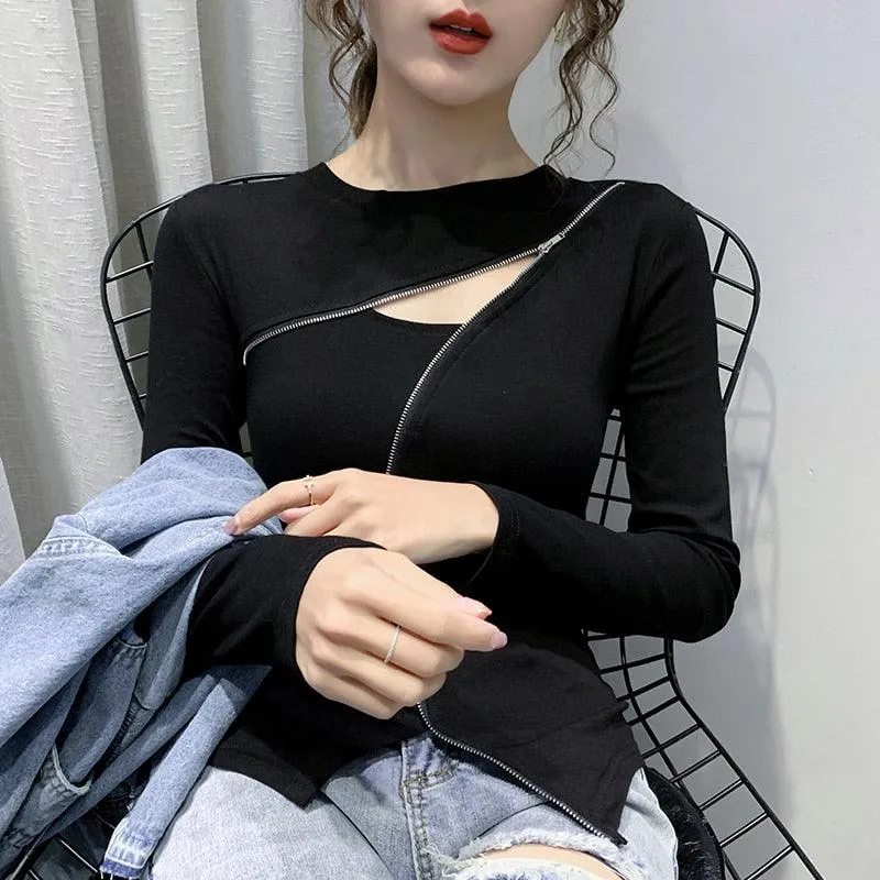 Women Long Sleeve Shirt Sexy Cut-out Shirt Elegant Hollow Out Formal wear Tops with Zipper