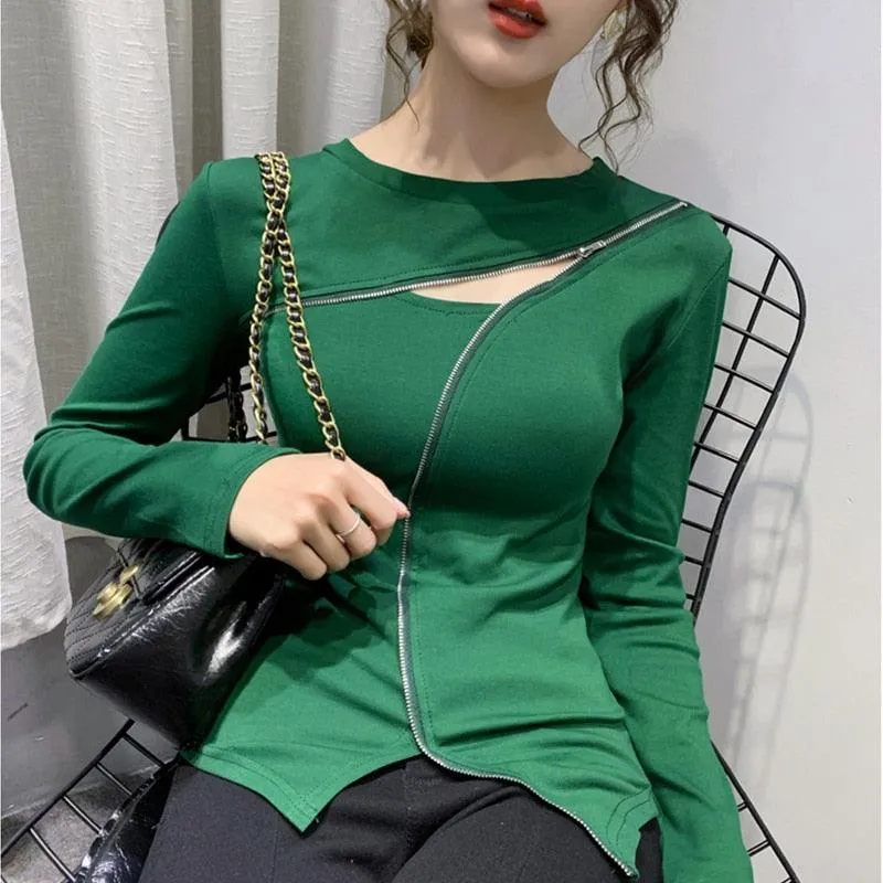 Women Long Sleeve Shirt Sexy Cut-out Shirt Elegant Hollow Out Formal wear Tops with Zipper