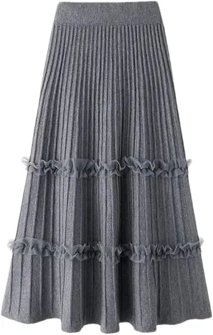 Women Ruffle Knitted Midi Pleated Skirt Autumn Winter High Waist Skirt A-Line Skirt Long Skirt