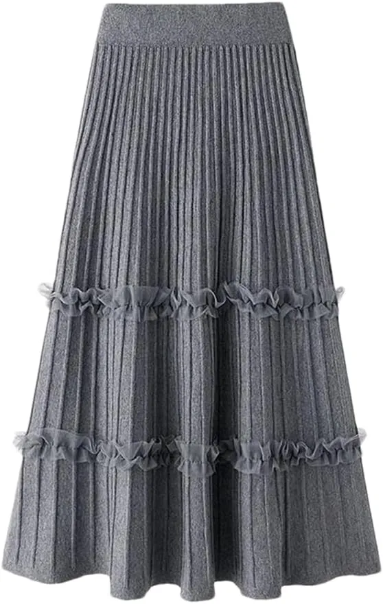 Women Ruffle Knitted Midi Pleated Skirt Autumn Winter High Waist Skirt A-Line Skirt Long Skirt