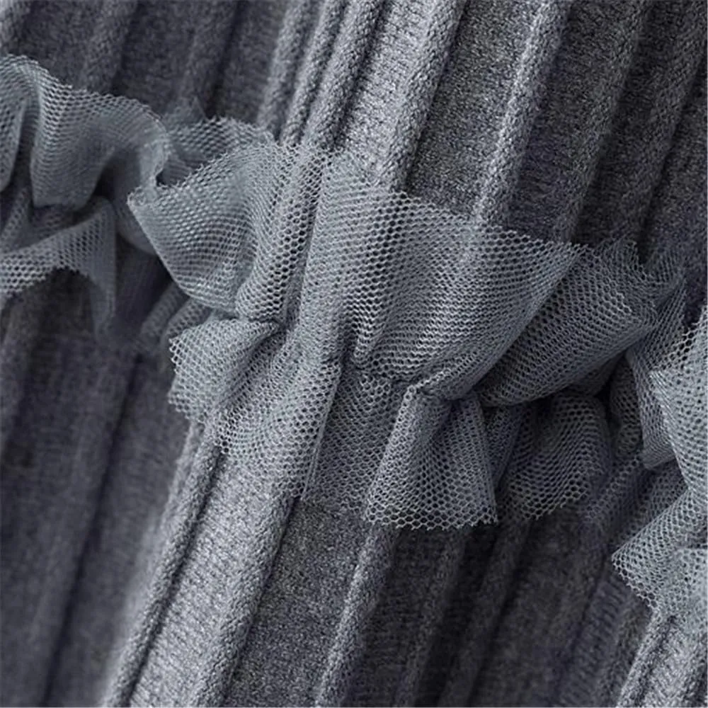 Women Ruffle Knitted Midi Pleated Skirt Autumn Winter High Waist Skirt A-Line Skirt Long Skirt