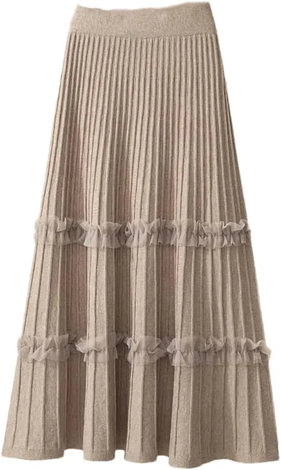 Women Ruffle Knitted Midi Pleated Skirt Autumn Winter High Waist Skirt A-Line Skirt Long Skirt