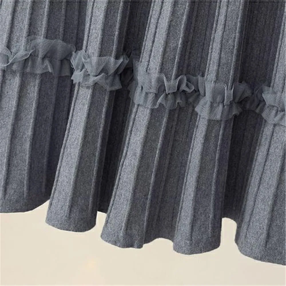 Women Ruffle Knitted Midi Pleated Skirt Autumn Winter High Waist Skirt A-Line Skirt Long Skirt