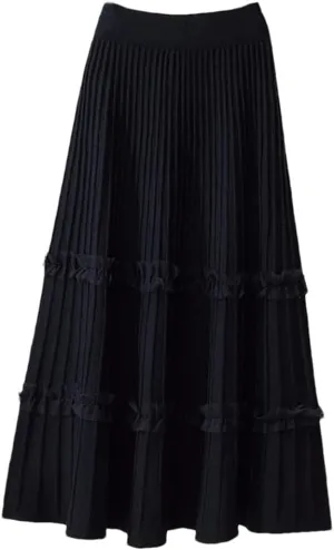 Women Ruffle Knitted Midi Pleated Skirt Autumn Winter High Waist Skirt A-Line Skirt Long Skirt