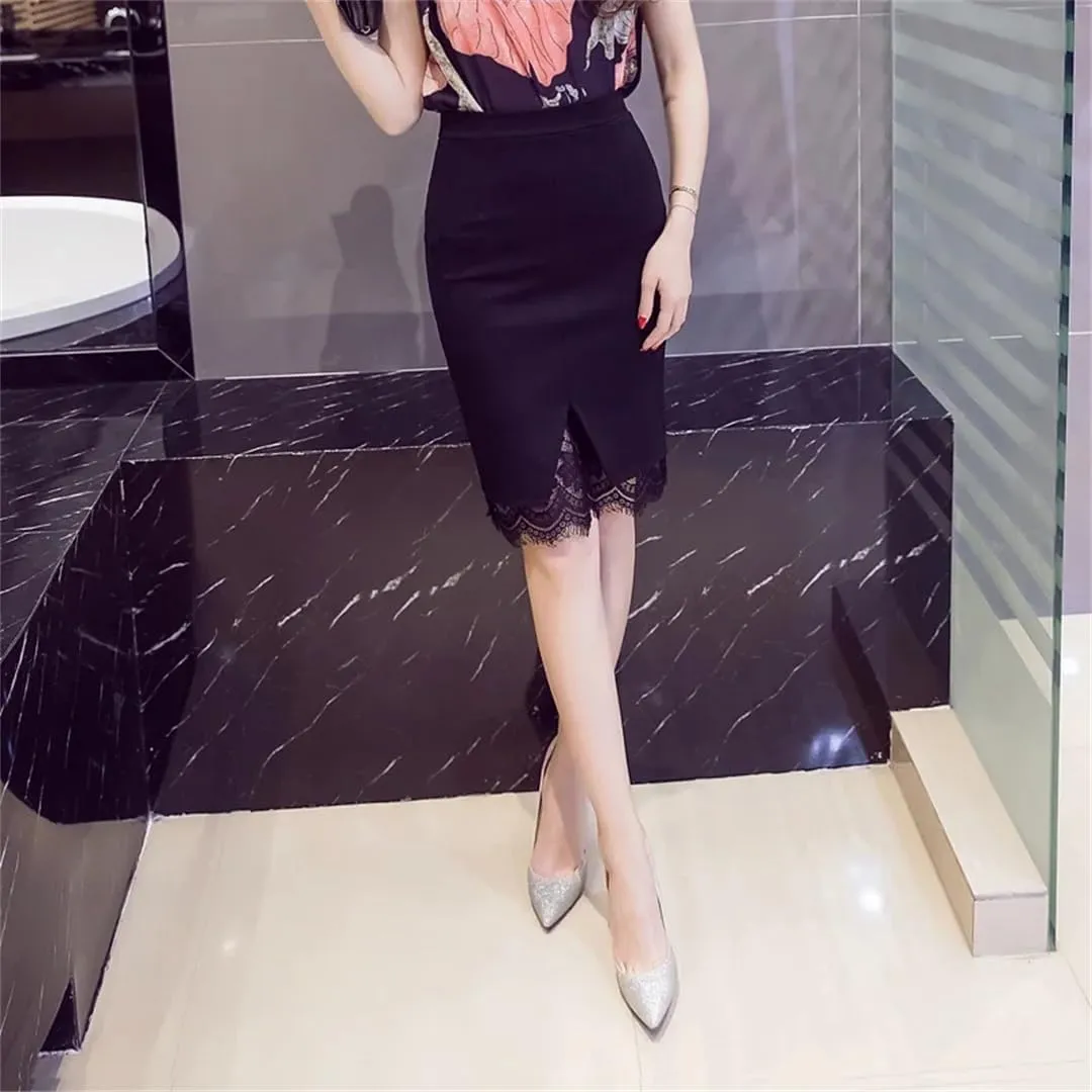 Women Summer Mini Skirts High Waist Skirt Lace Patchwork Midi Skirt Elegant Stretch Pencil Skirt