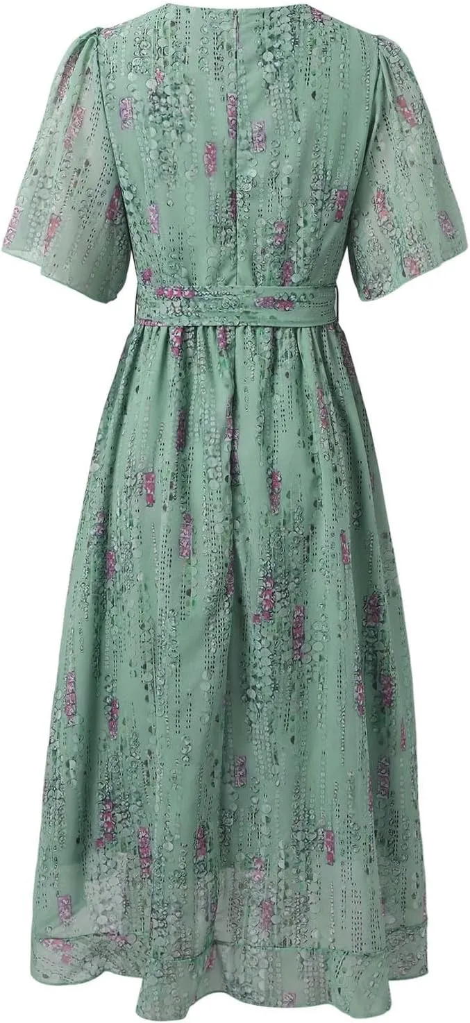 Womens Boho Floral Printed Chiffon Dresses 2025 Elegant V Neck Short Sleeve Belted Summer Wedding Prom Midi Dress