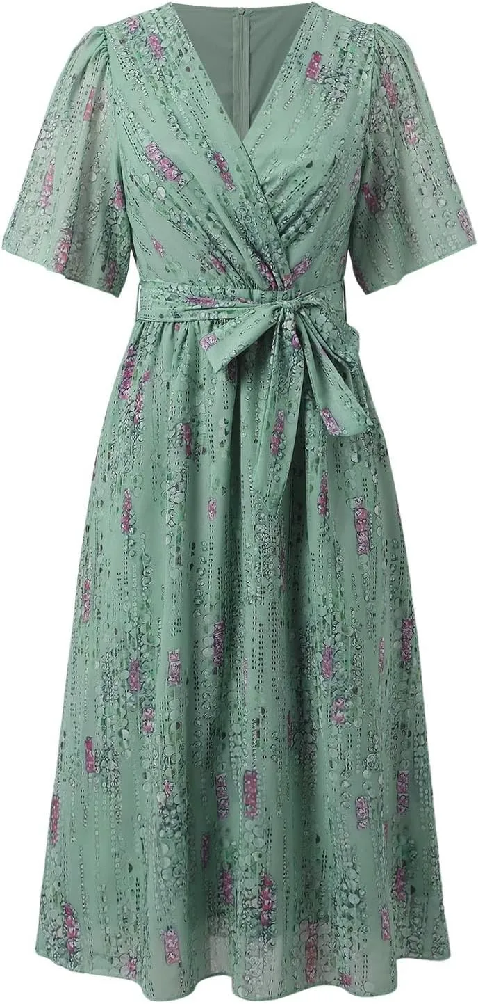 Womens Boho Floral Printed Chiffon Dresses 2025 Elegant V Neck Short Sleeve Belted Summer Wedding Prom Midi Dress
