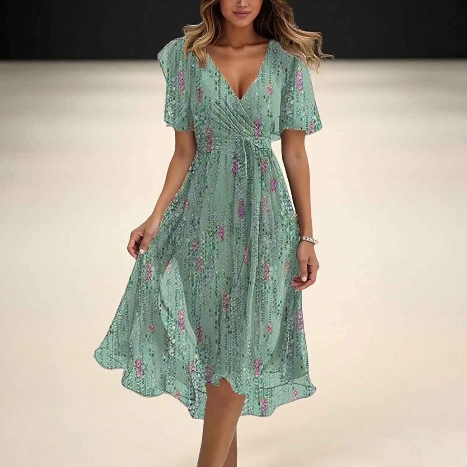 Womens Boho Floral Printed Chiffon Dresses 2025 Elegant V Neck Short Sleeve Belted Summer Wedding Prom Midi Dress