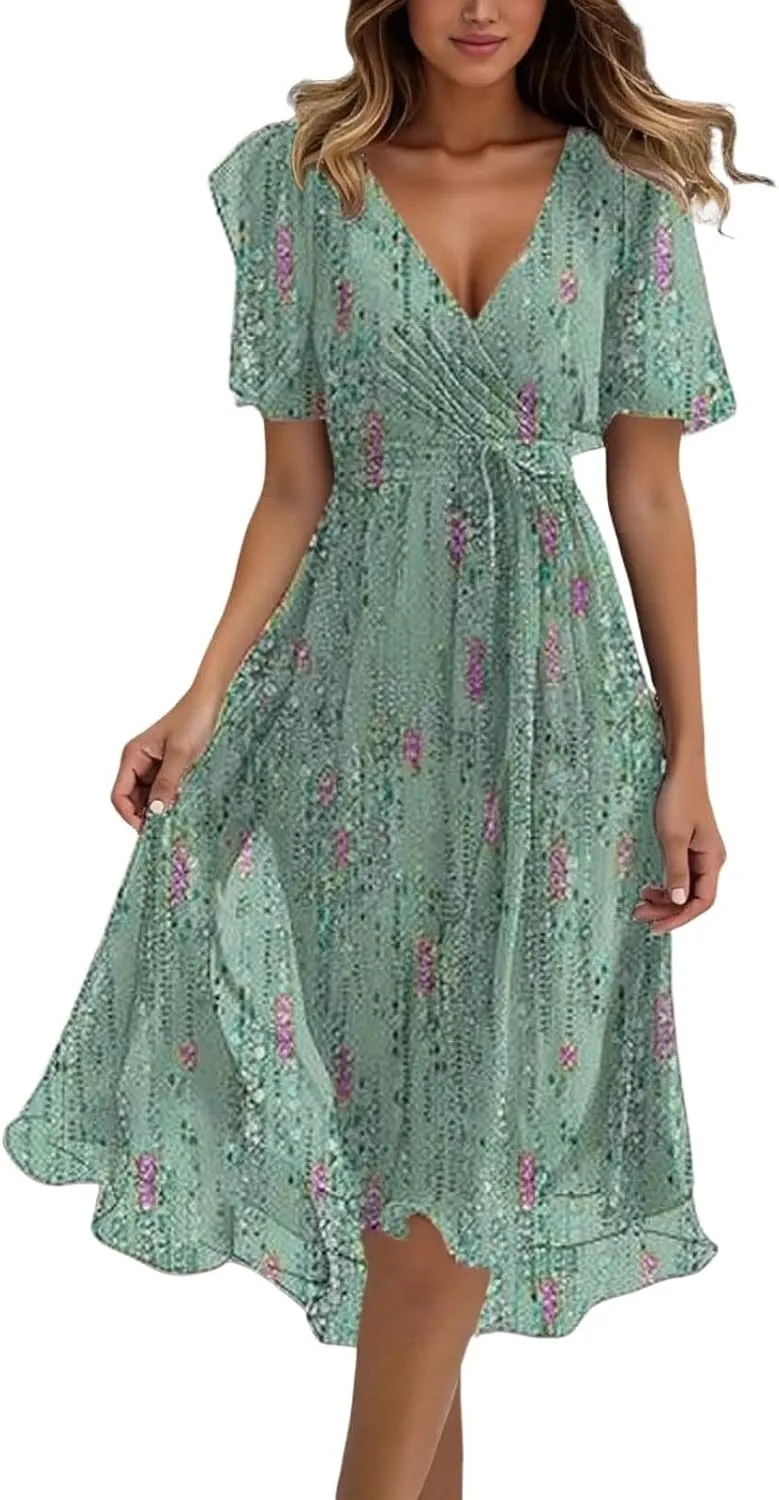 Womens Boho Floral Printed Chiffon Dresses 2025 Elegant V Neck Short Sleeve Belted Summer Wedding Prom Midi Dress