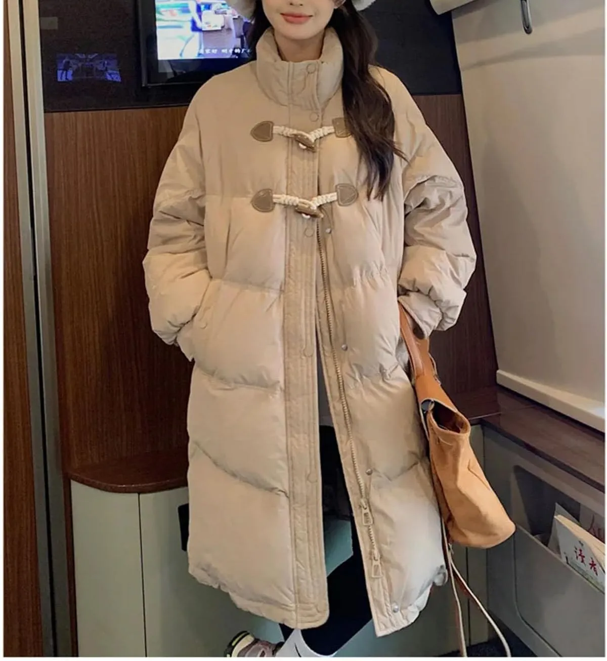 Women's Buckle High Neck Long Cotton-Padded Jacket Vintage Zipper Button Parka Coat
