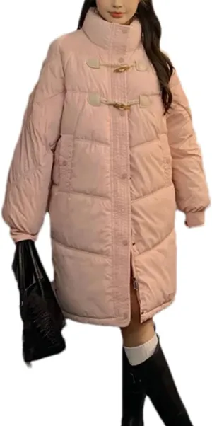 Women's Buckle High Neck Long Cotton-Padded Jacket Vintage Zipper Button Parka Coat
