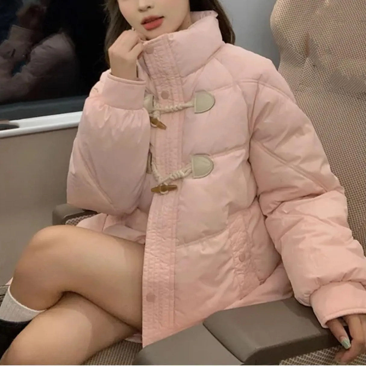 Women's Buckle High Neck Long Cotton-Padded Jacket Vintage Zipper Button Parka Coat