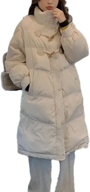 Women's Buckle High Neck Long Cotton-Padded Jacket Vintage Zipper Button Parka Coat