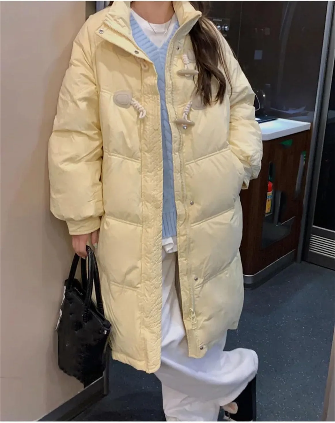 Women's Buckle High Neck Long Cotton-Padded Jacket Vintage Zipper Button Parka Coat