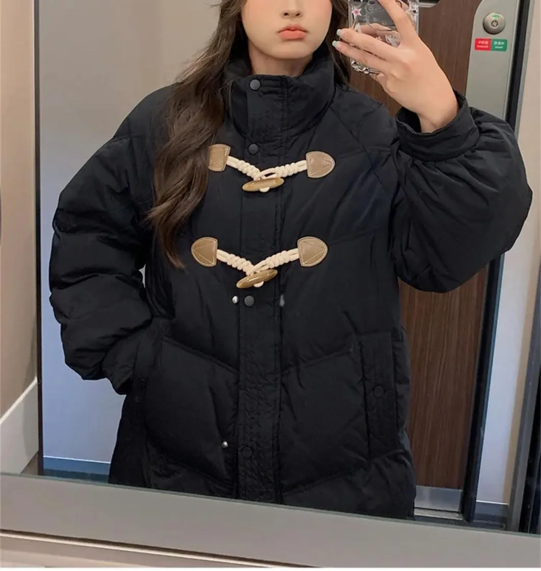 Women's Buckle High Neck Long Cotton-Padded Jacket Vintage Zipper Button Parka Coat