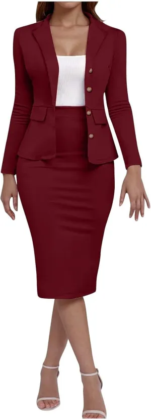 Women's Business Suit 2 Piece Long Sleeve Skirt Suit Set 2025 Lady Blazer Office Work Solid Slim Fit Jacket Outfits