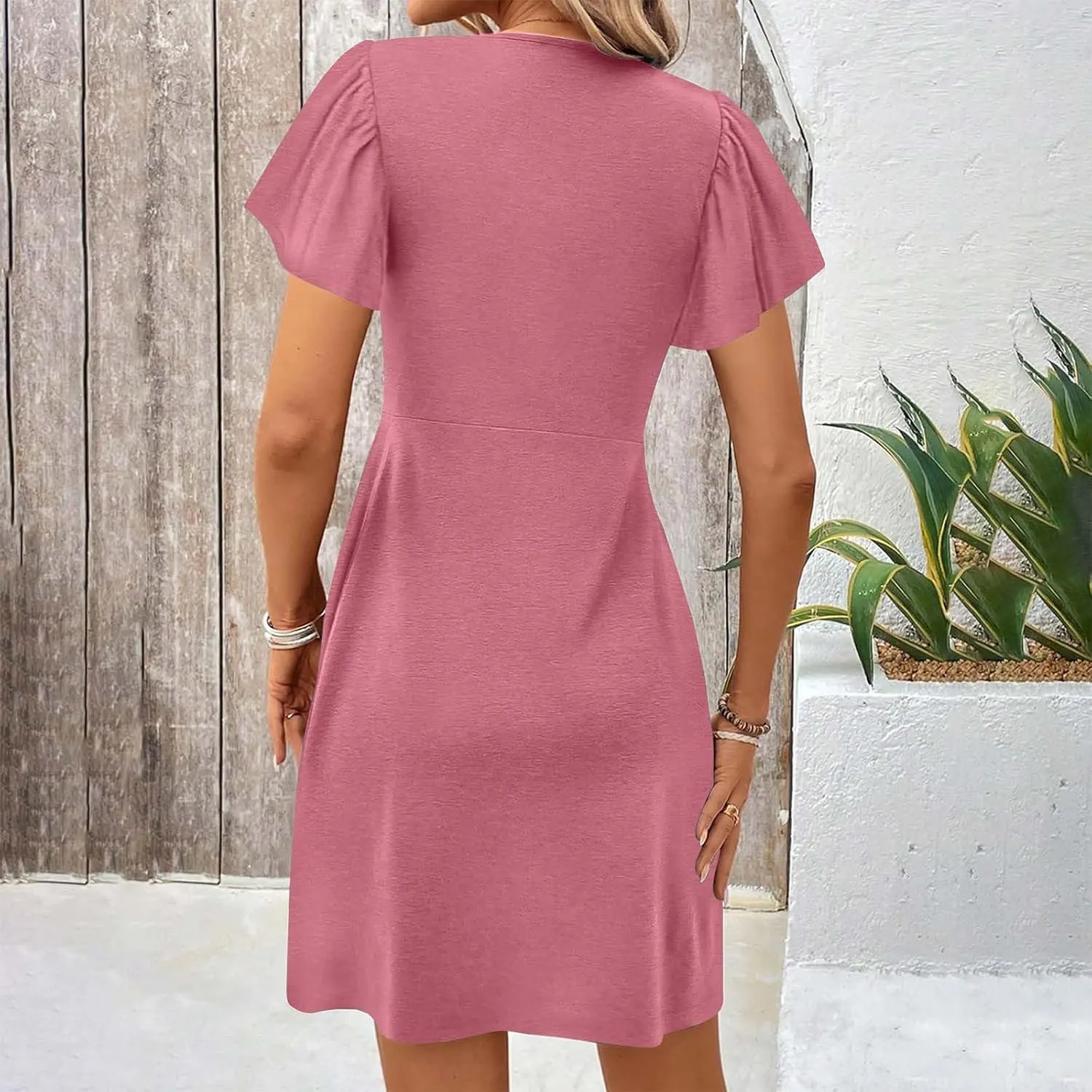Womens Casual Summer Twist Front V Neck Short Sleeve Mini Dress, Elegant Short Sleeve Swing Sundress Beach Outfits