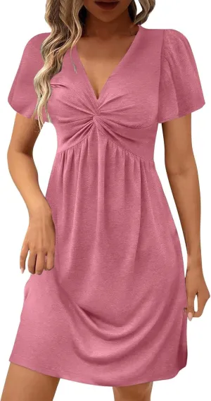 Womens Casual Summer Twist Front V Neck Short Sleeve Mini Dress, Elegant Short Sleeve Swing Sundress Beach Outfits