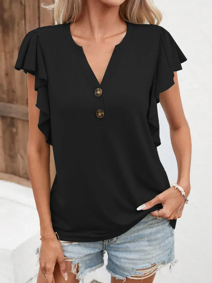 Women's Collar Ruffle Sleeve Elegant Ladies Solid Tops