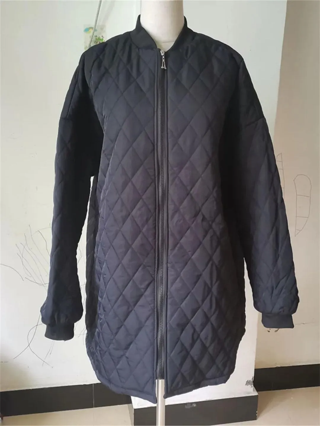 Women's Cotton Padded Parkas Autumn Winter Long Sleeve Zipper Wadded Jacket Argyle Coat