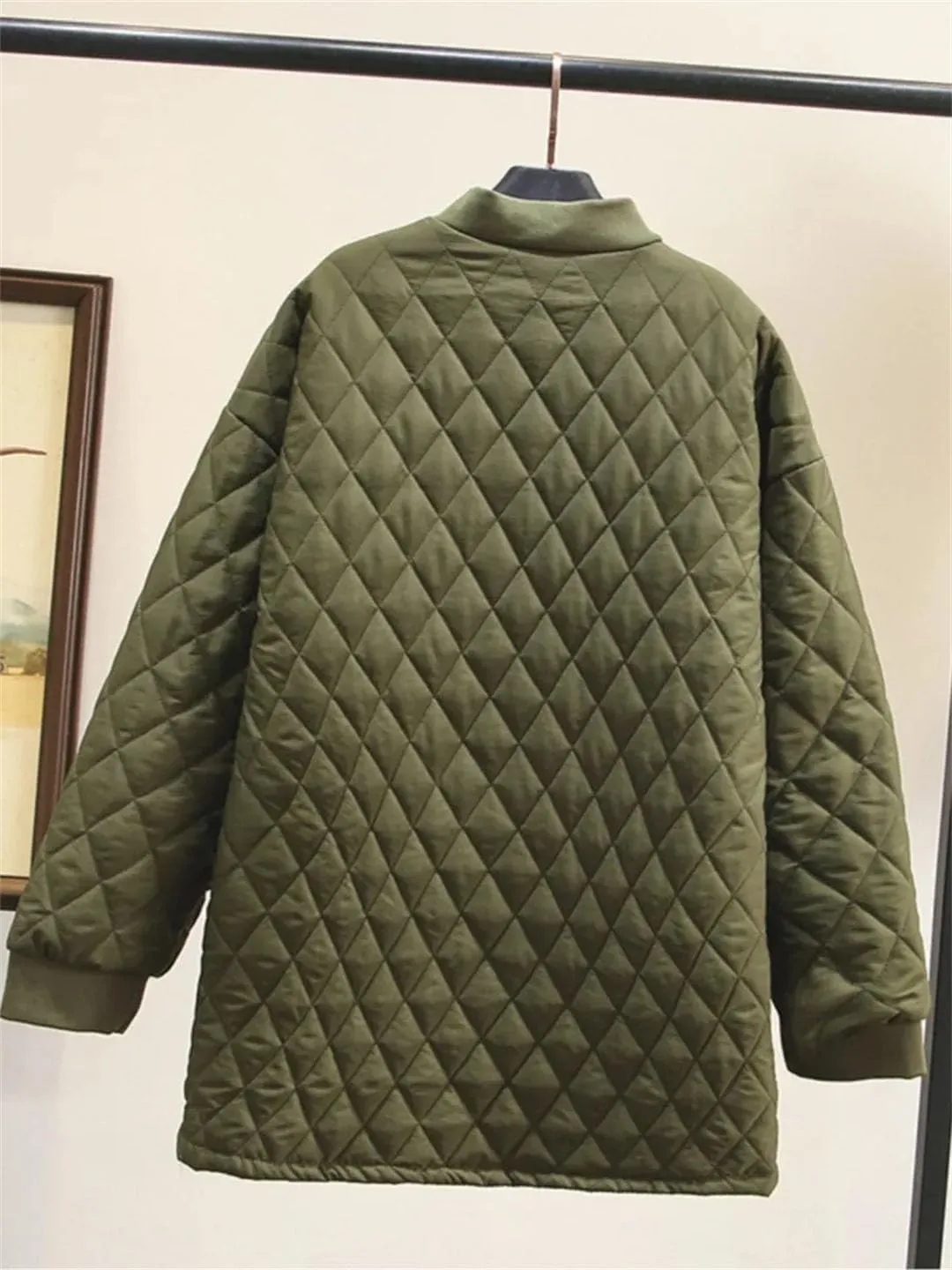 Women's Cotton Padded Parkas Autumn Winter Long Sleeve Zipper Wadded Jacket Argyle Coat