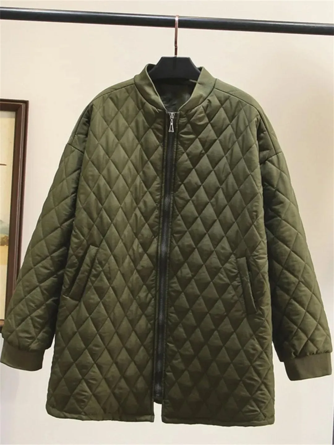 Women's Cotton Padded Parkas Autumn Winter Long Sleeve Zipper Wadded Jacket Argyle Coat