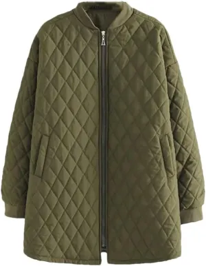 Women's Cotton Padded Parkas Autumn Winter Long Sleeve Zipper Wadded Jacket Argyle Coat