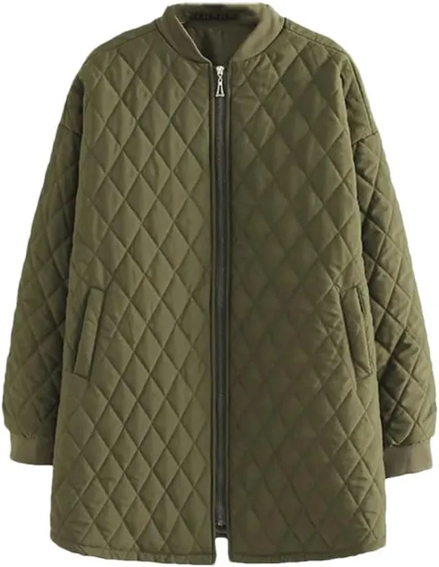 Women's Cotton Padded Parkas Autumn Winter Long Sleeve Zipper Wadded Jacket Argyle Coat