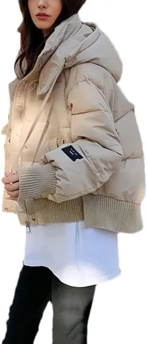 Women's Drawstring Hooded Cotton-Padded Jacket Casual Threaded Splicing Short Parka Coat