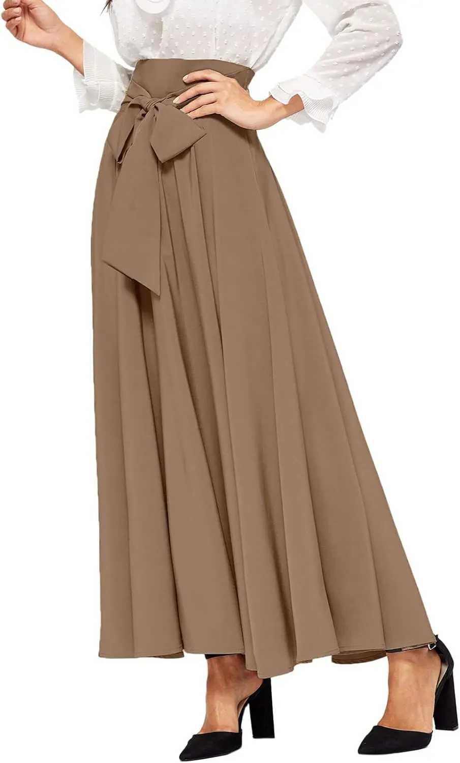 Women's Elegant High Waist Skirt Tie Front Pleated Maxi Skirts Womens Skirts Plaid Knee Length