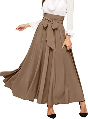 Women's Elegant High Waist Skirt Tie Front Pleated Maxi Skirts Womens Skirts Plaid Knee Length