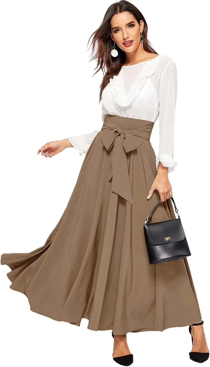 Women's Elegant High Waist Skirt Tie Front Pleated Maxi Skirts Womens Skirts Plaid Knee Length