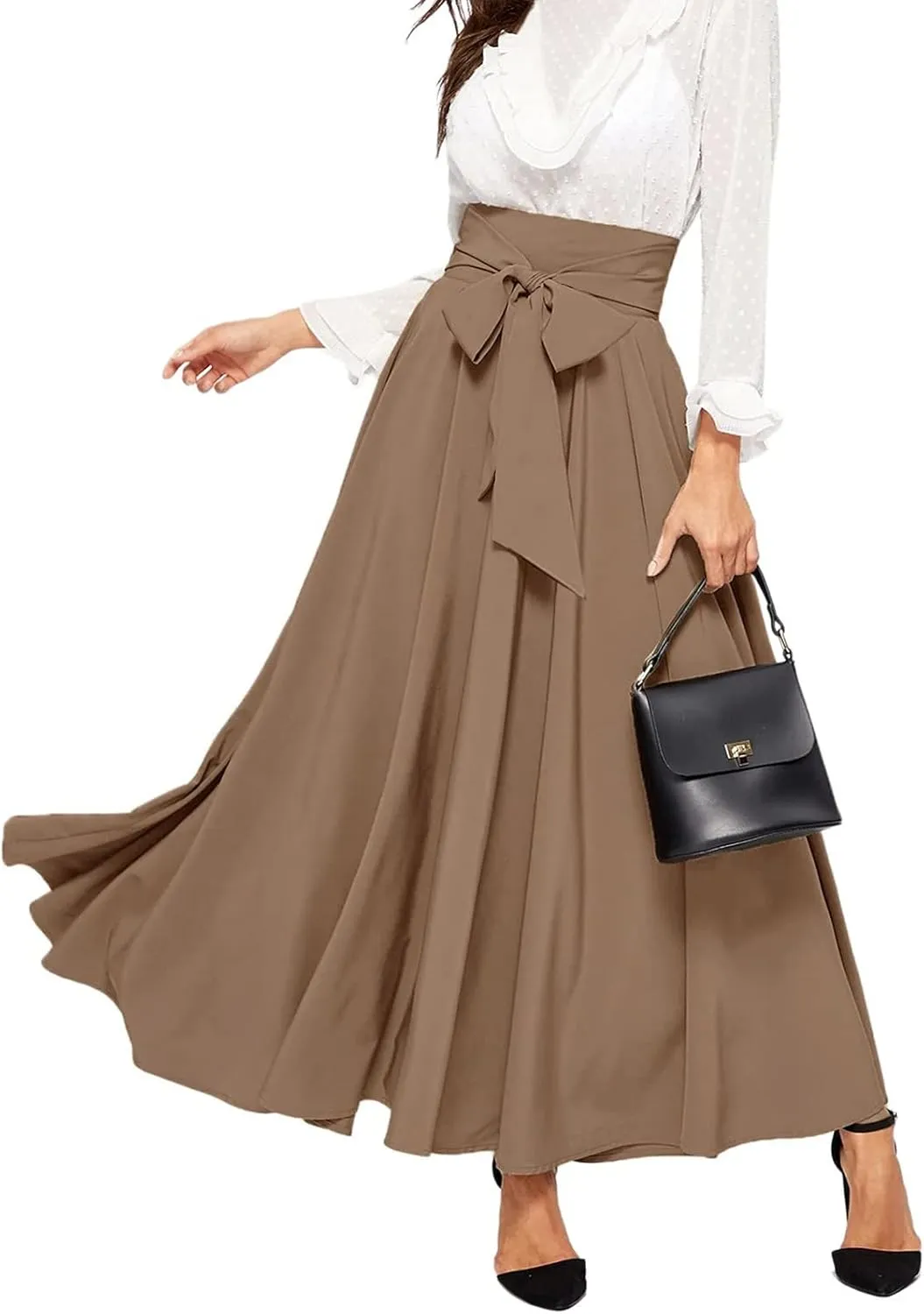 Women's Elegant High Waist Skirt Tie Front Pleated Maxi Skirts Womens Skirts Plaid Knee Length