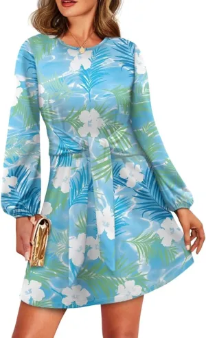Womens Elegant Long Sleeve Dress Crewneck Tie Waist Ruched Mini Dresses Spring Summer A Line Outfits Casual Shirts