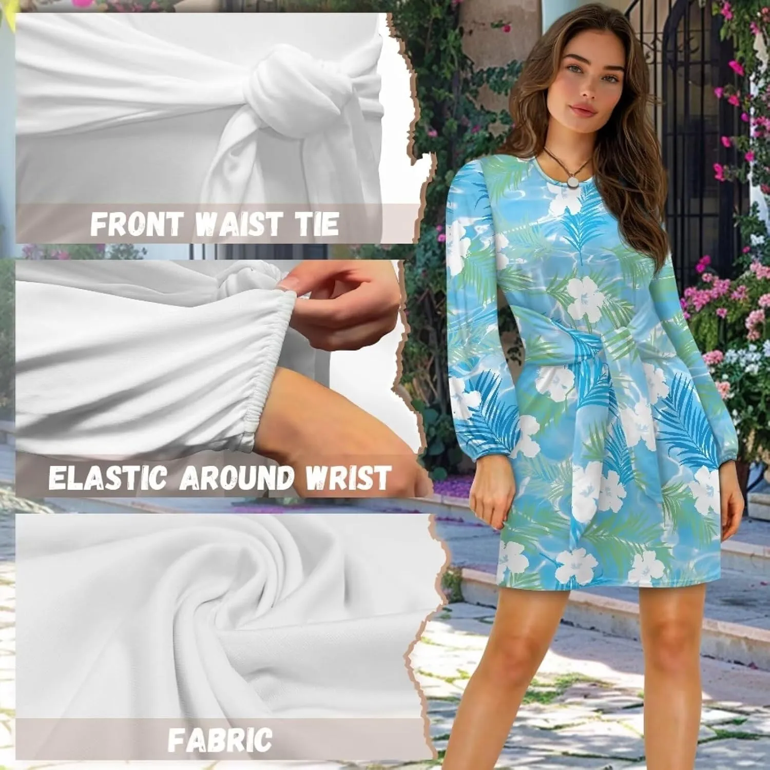Womens Elegant Long Sleeve Dress Crewneck Tie Waist Ruched Mini Dresses Spring Summer A Line Outfits Casual Shirts