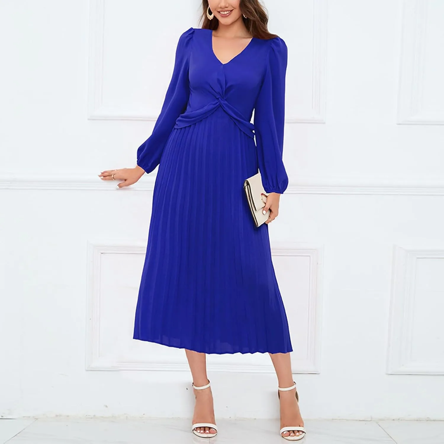 Women's Fall Casual Elegant Flowy Lantern Sleeve V-Neck Floral Print Maxi Dress
