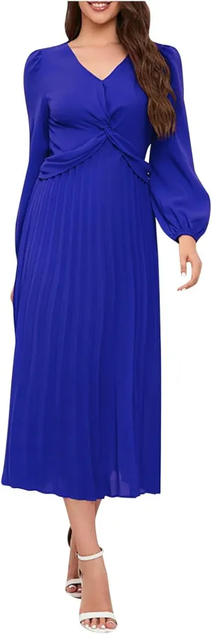Women's Fall Casual Elegant Flowy Lantern Sleeve V-Neck Floral Print Maxi Dress