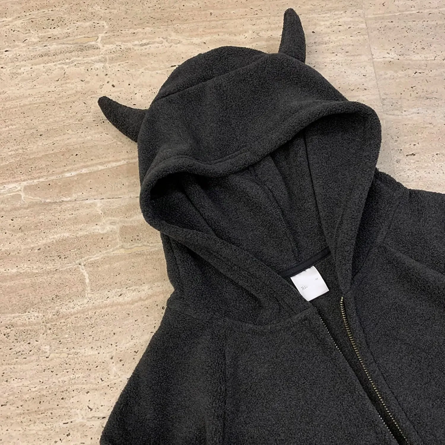 Womens Fleece Hoodie Zip Up Sweatshirt Cute Devil Horn Harajuku Kawaii Long Sleeve Top Coat Hooded Jacket