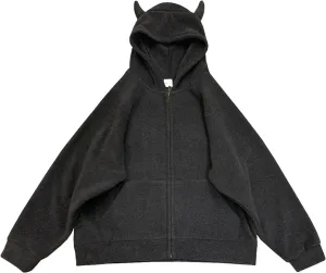 Womens Fleece Hoodie Zip Up Sweatshirt Cute Devil Horn Harajuku Kawaii Long Sleeve Top Coat Hooded Jacket