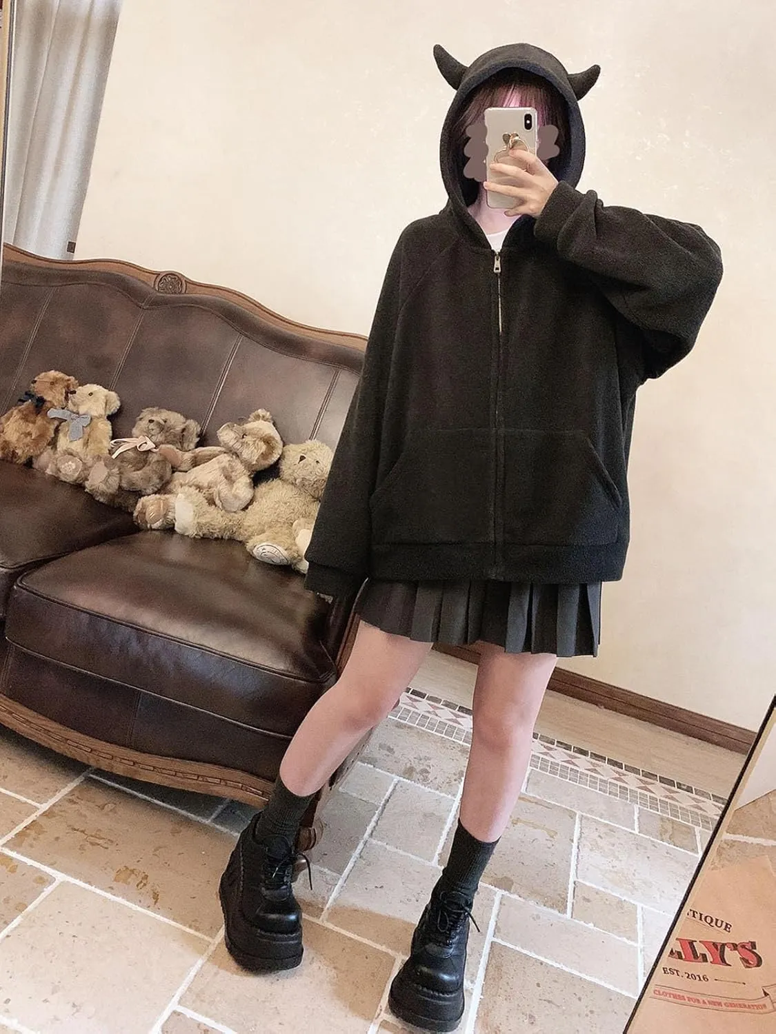 Womens Fleece Hoodie Zip Up Sweatshirt Cute Devil Horn Harajuku Kawaii Long Sleeve Top Coat Hooded Jacket