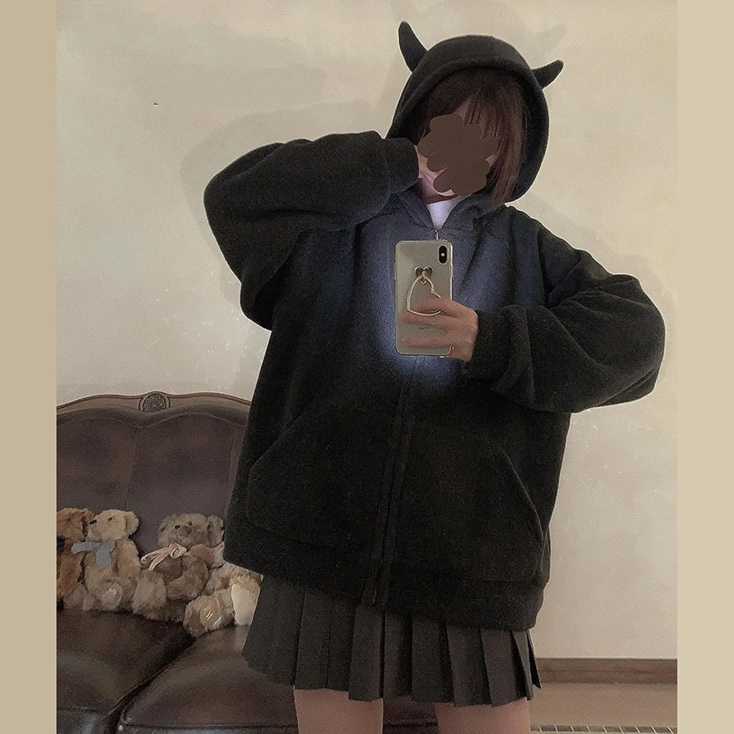 Womens Fleece Hoodie Zip Up Sweatshirt Cute Devil Horn Harajuku Kawaii Long Sleeve Top Coat Hooded Jacket