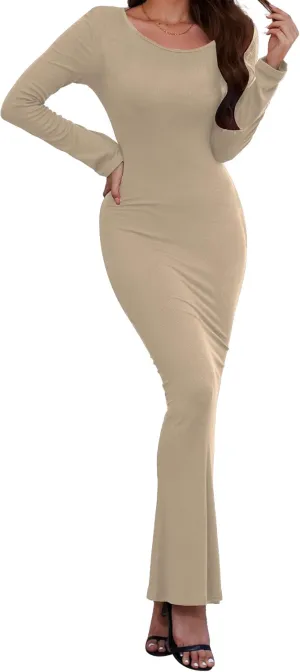 Women's Formal Dresses Casual Scoop Neck Ribbed Long Sleeve Elegant Bodycon Long Maxi Dresses for Spring 2025