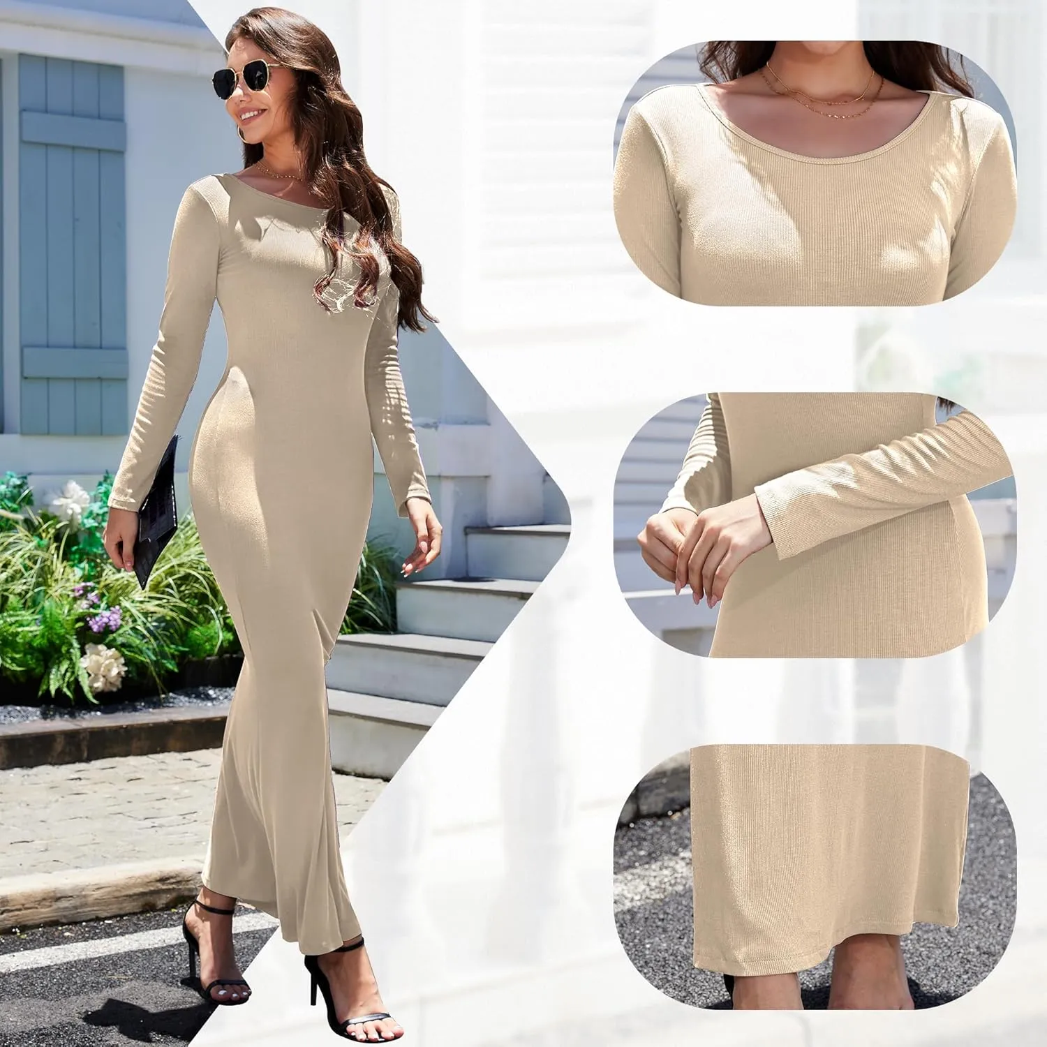 Women's Formal Dresses Casual Scoop Neck Ribbed Long Sleeve Elegant Bodycon Long Maxi Dresses for Spring 2025